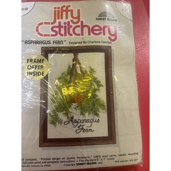 1975 Jiffy Stitchery Boston Fern Asparagus Fern Crewel Embroidery - Picture 3 of 4